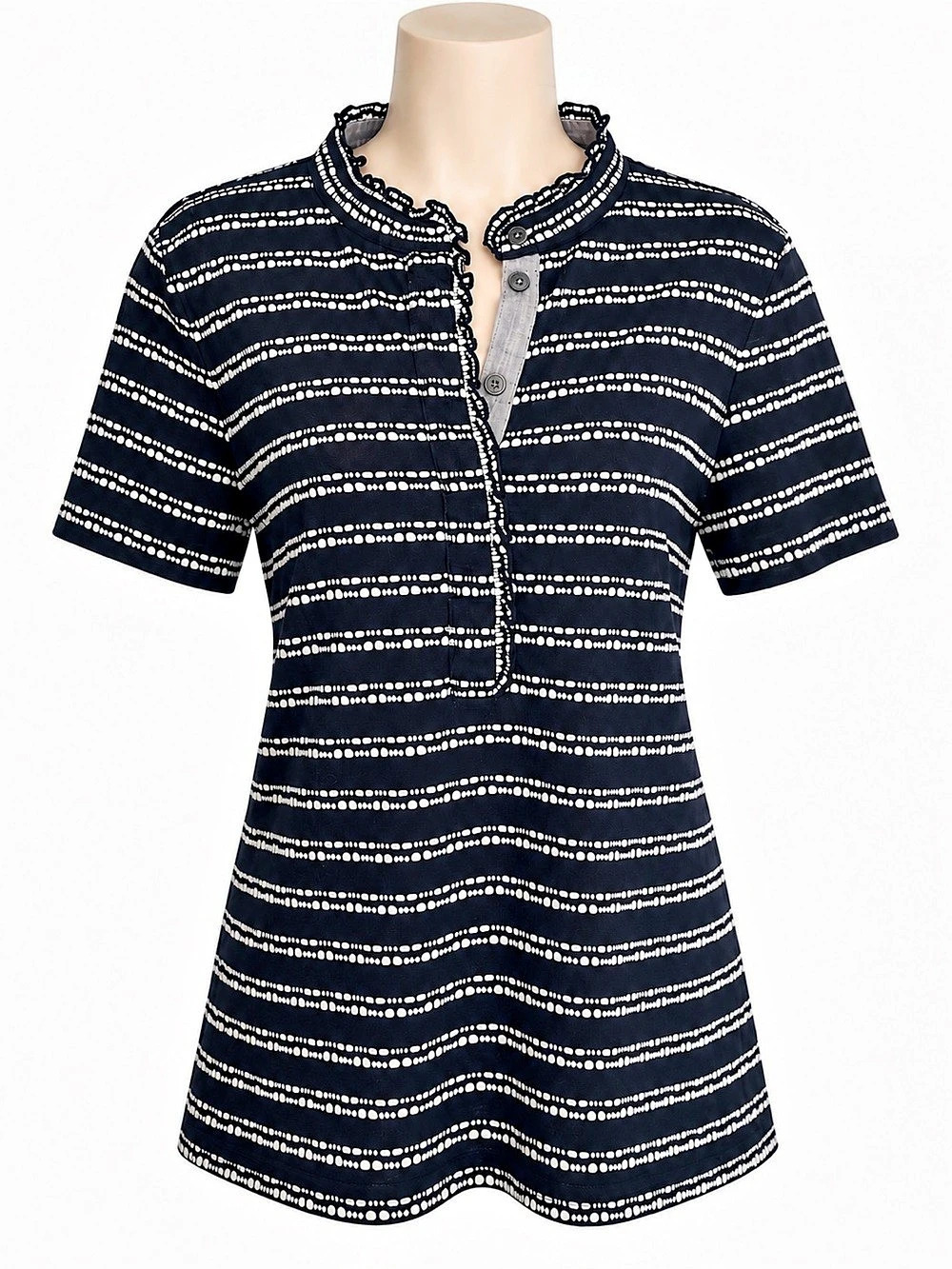 Tory Burch Striped Short Sleeve Top w Ruffle in Navy Blue & White Medium